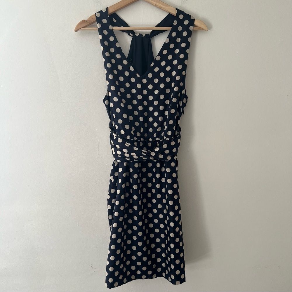 Theory 100% Silk Dress Polka Dot Navy Cream Pockets Racerback Lined Size 6